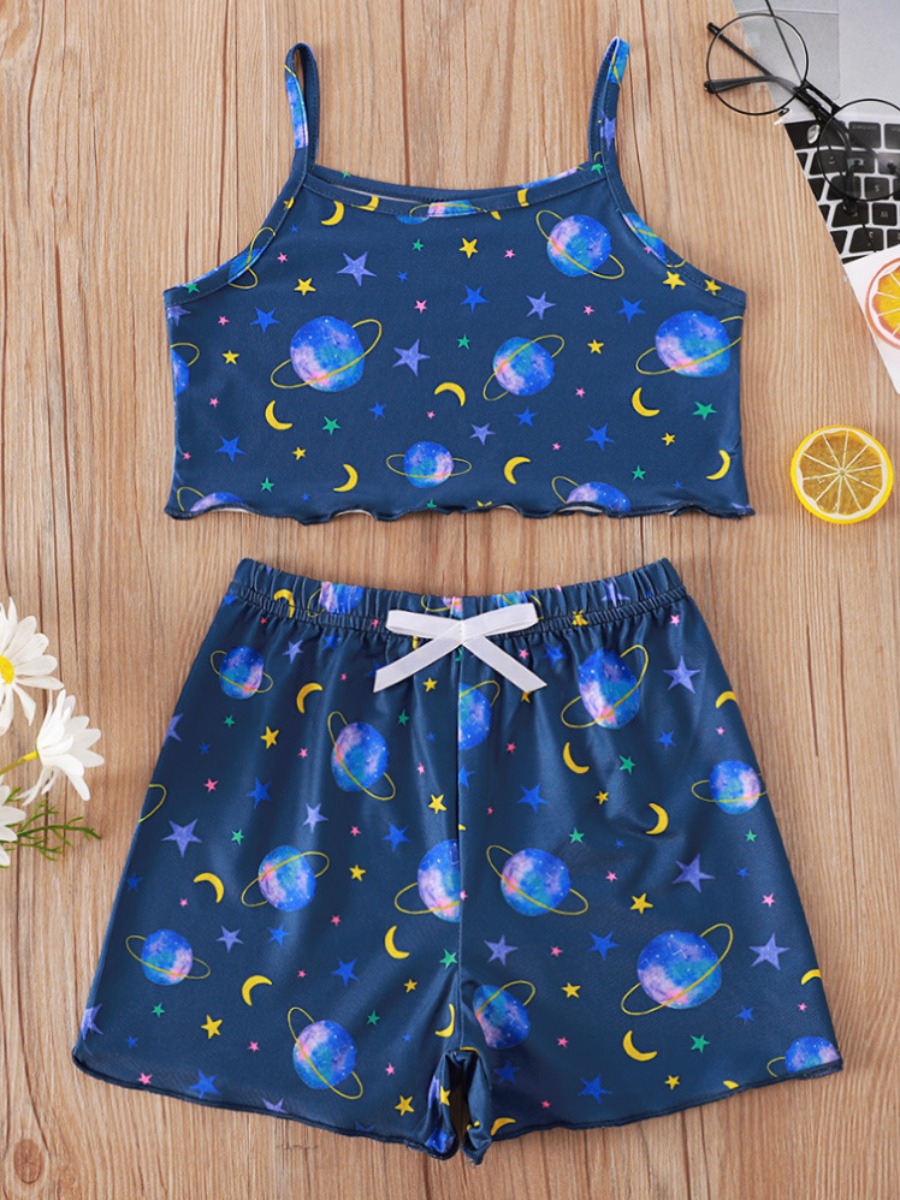 

Lovely Girl Street Planet Star Print Blue Two Piece Shorts Set