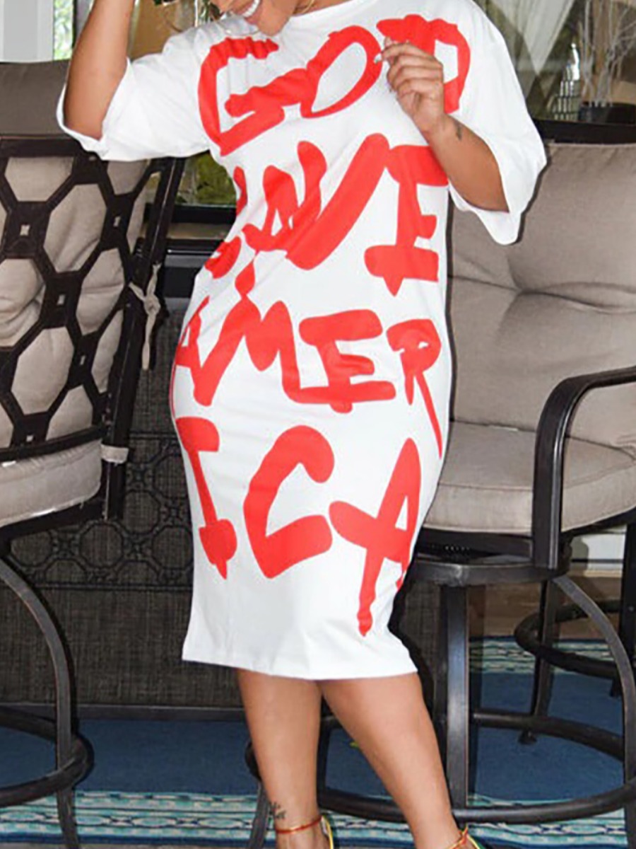 

Lovely Street Dropped Shoulder Letter Print White Knee Length Dress