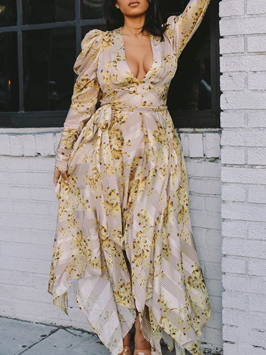 

Lovely Elegant Ruffle Design Print Asymmetrical Yellow Floor Length Plus Size Dress