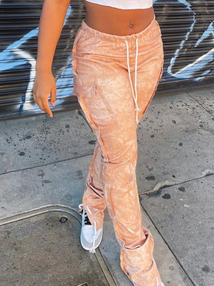 LovelyWholesale Street Elastic Waist Print Pocket Design Apricot Pants Spring|Fall Street Patchwork Spring Summer 2024