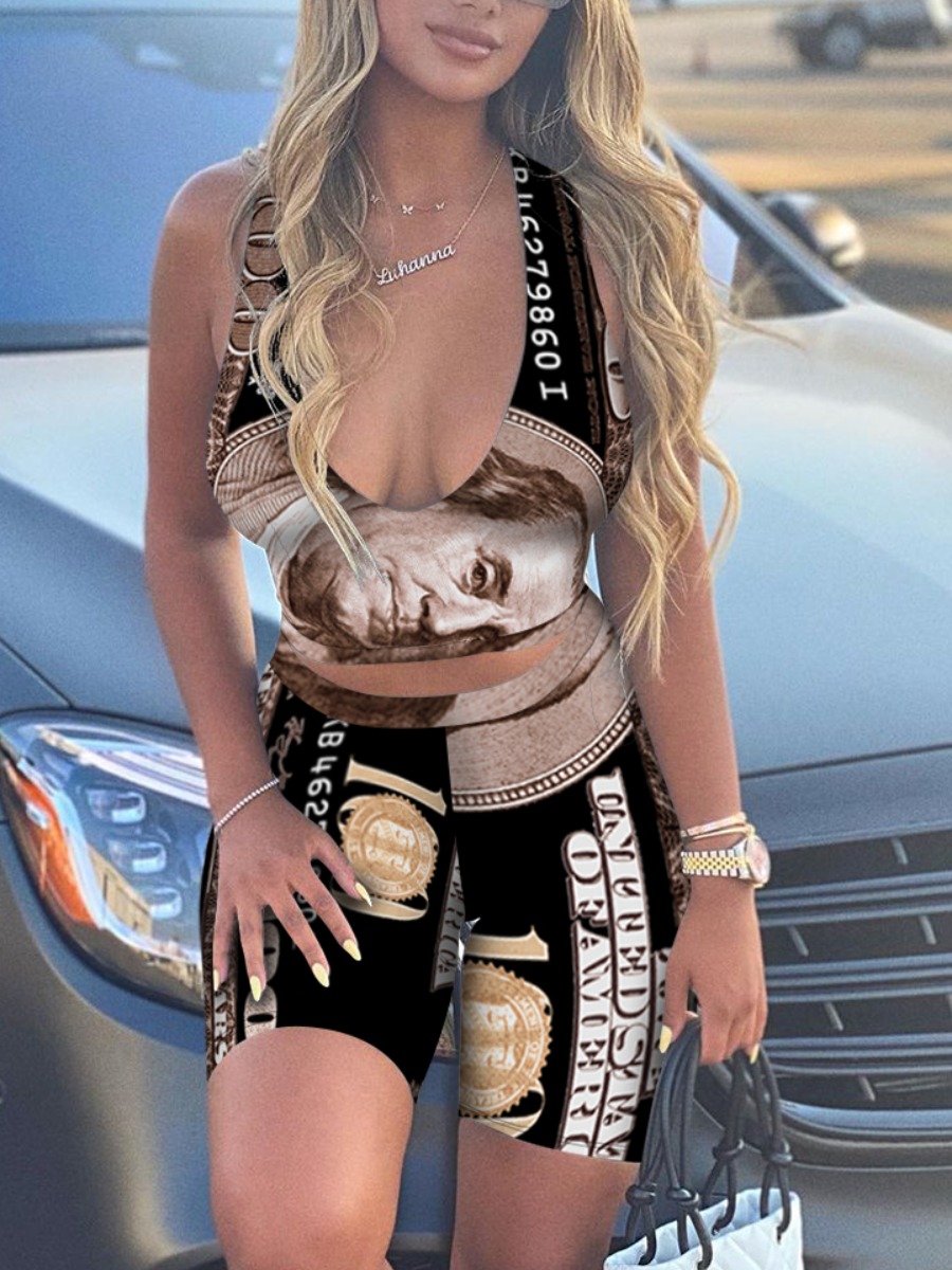 

Lovely Street Money Letter Print Brown Two Piece Shorts Set