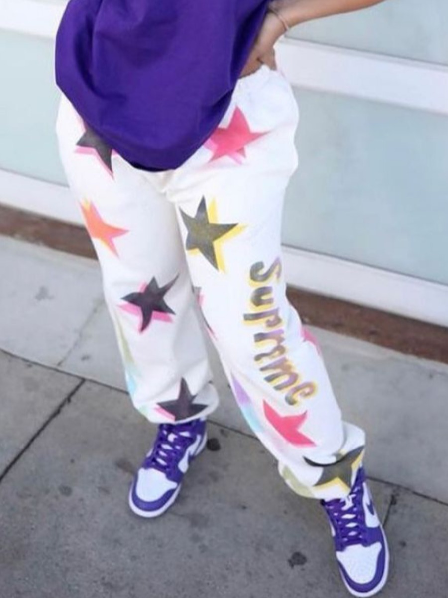 

Lovely Casual Star Letter Print White Pants