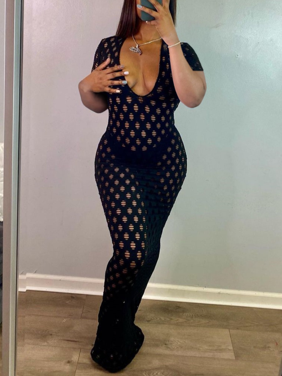 

Lovely Sexy Hollow-out Skinny Black Floor Length Dress