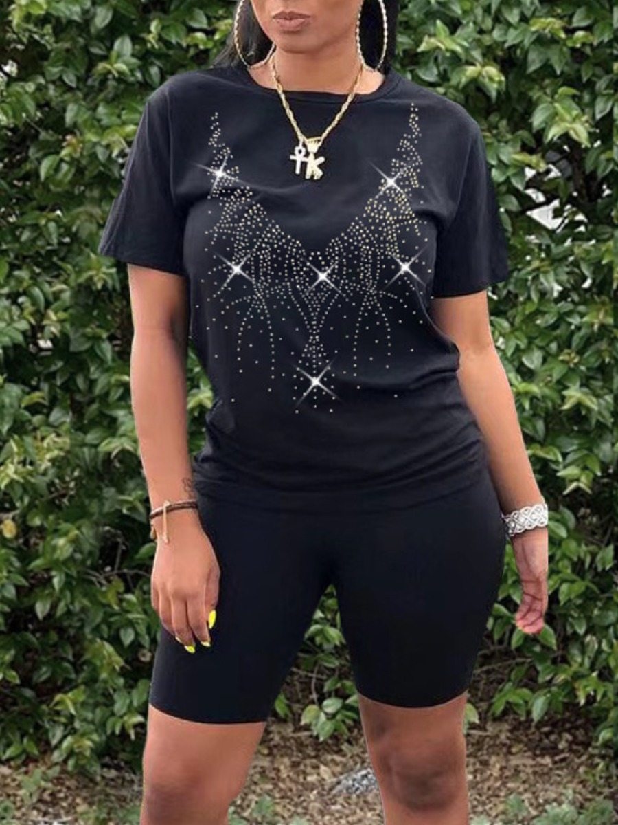 

LW Casual O Neck Sequined Black Two Piece Shorts Set