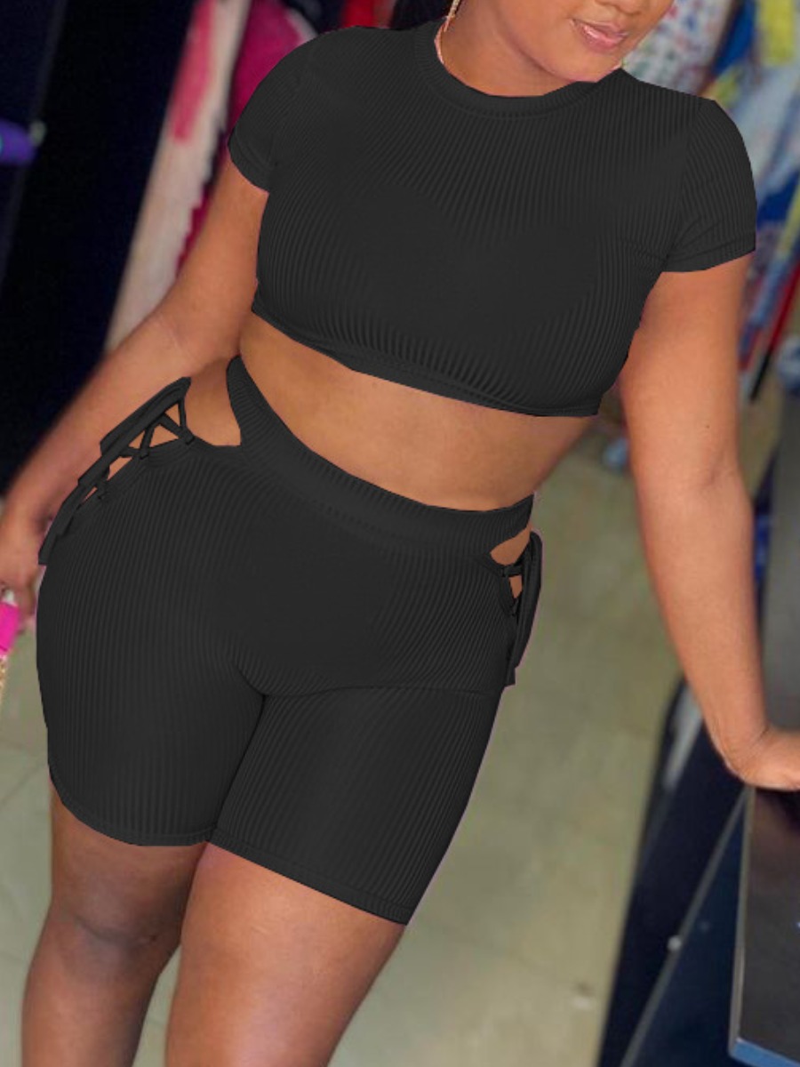 

LW Casual O Neck Bandage Hollow-out Design Black Two Piece Shorts Set