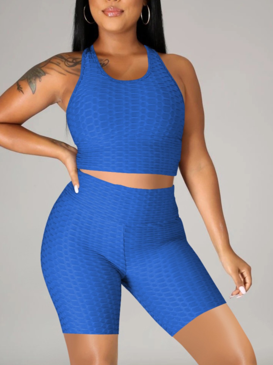 

Lovely Sporty O Neck Basic Skinny Blue Yoga Two Piece Shorts Set