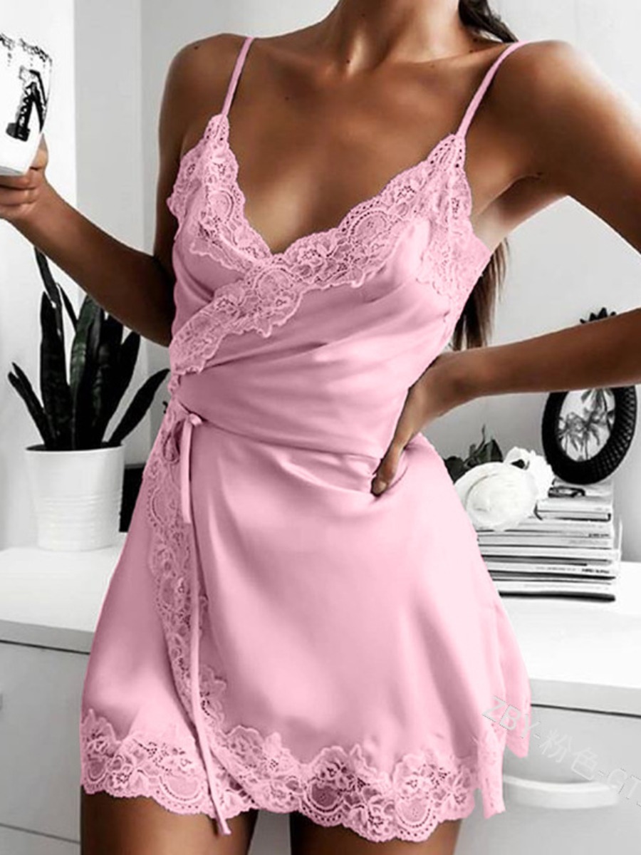 

Lovely Casual Lace Patchwork Cross-over Pink Sleepwear