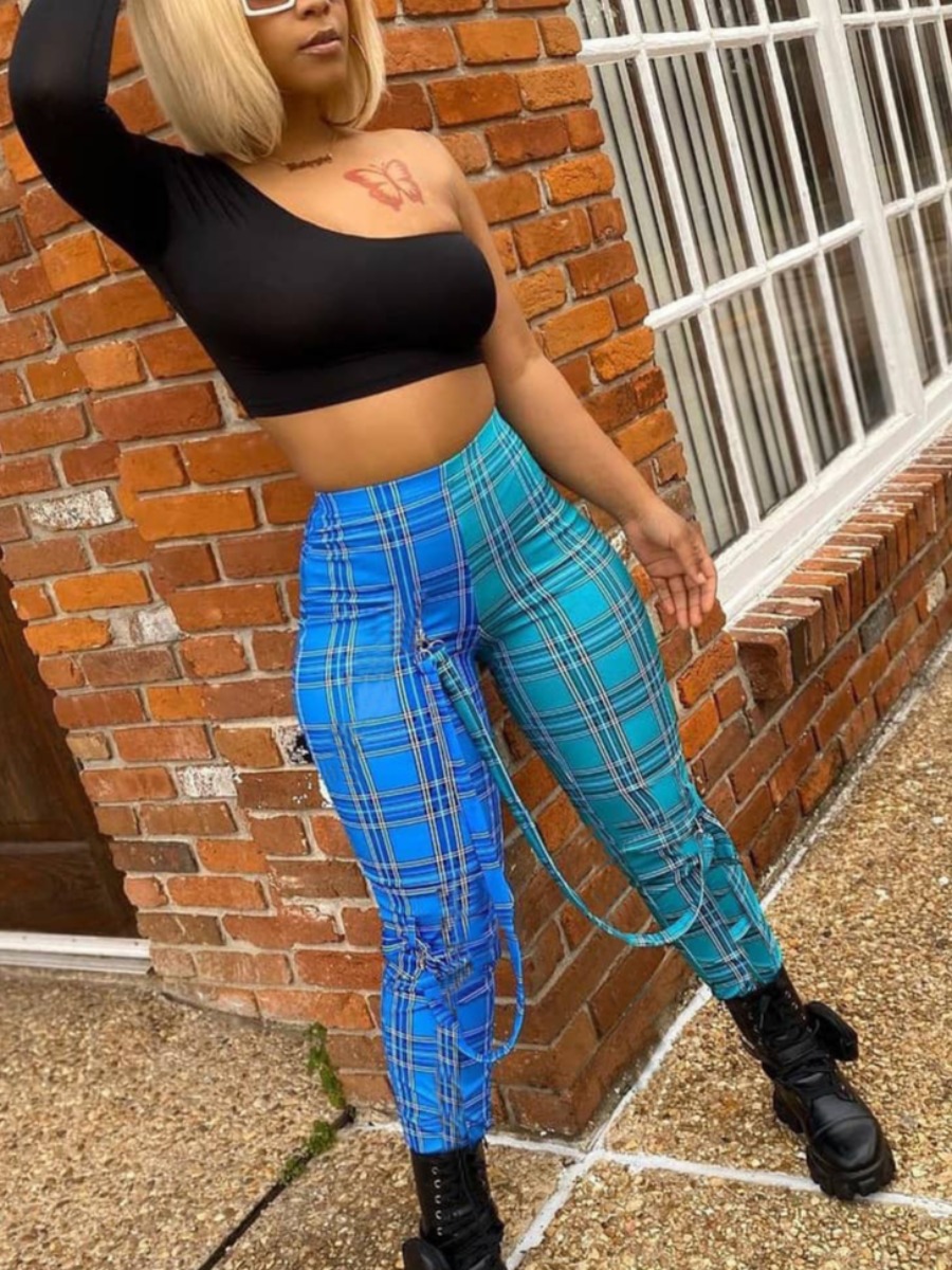 

Lovely Street One Shoulder Plaid Print Blue Two Piece Pants Set