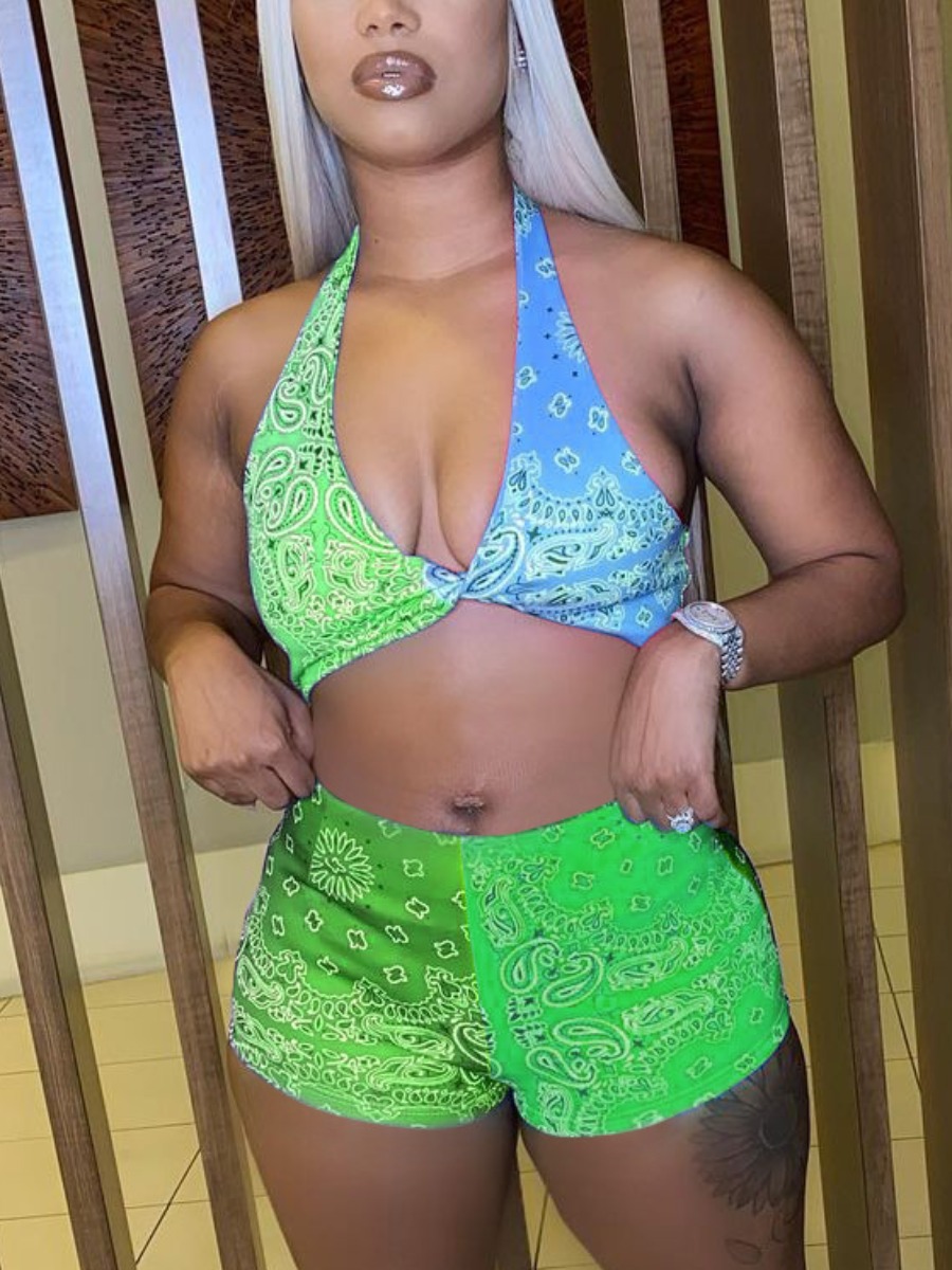 

Lovely Boho Cashew Print Twisted Green Tankini