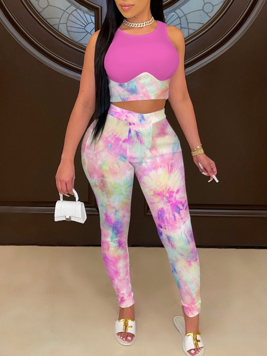 

Lovely Street O Neck Tie Dye Rose Red Two Piece Pants Set