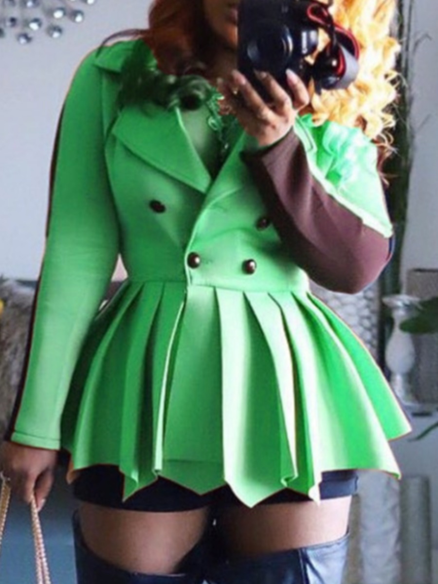 

Lovely Plus Size Street Pleated Button Design Green Mini A Line Dress