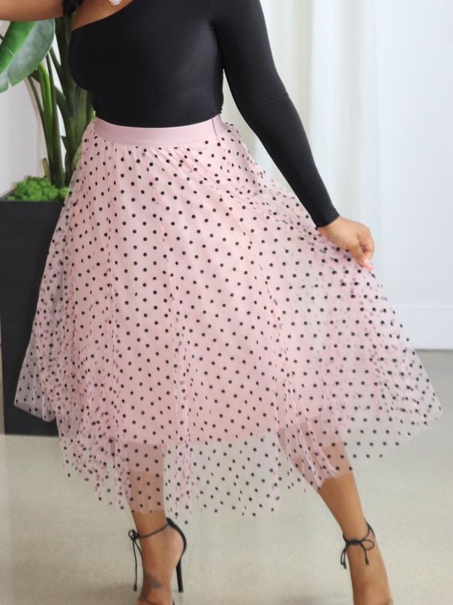 

Lovely Sweet Mesh Dot Print Pink Mid Calf Dress