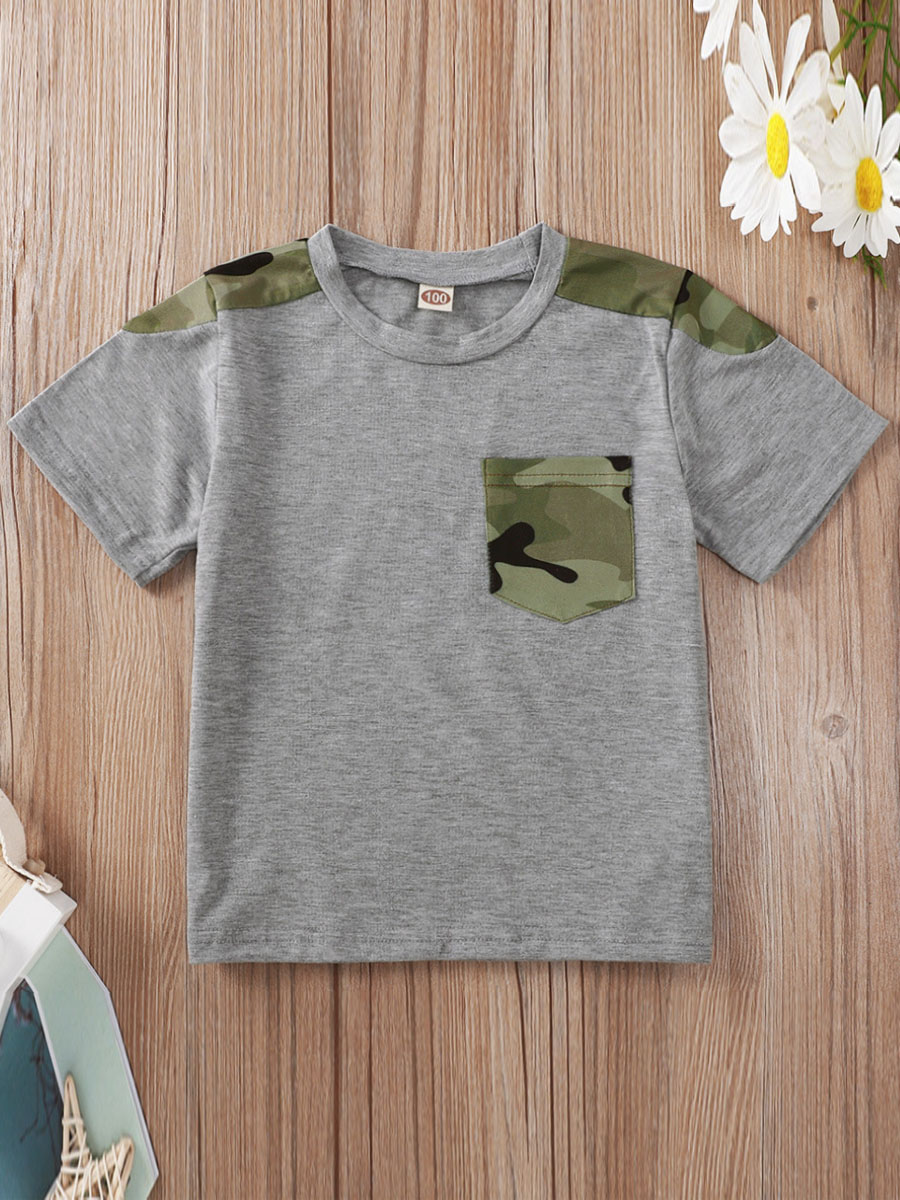 

Lovely Boy Casual Camo Print Pocket Design Grey T-shirt