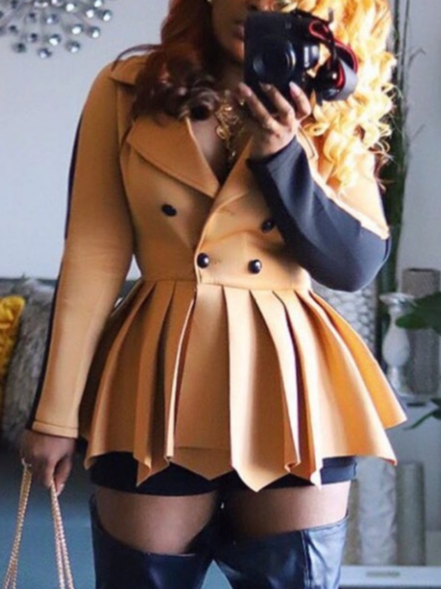

Lovely Plus Size Street Pleated Button Design Khaki Mini A Line Dress