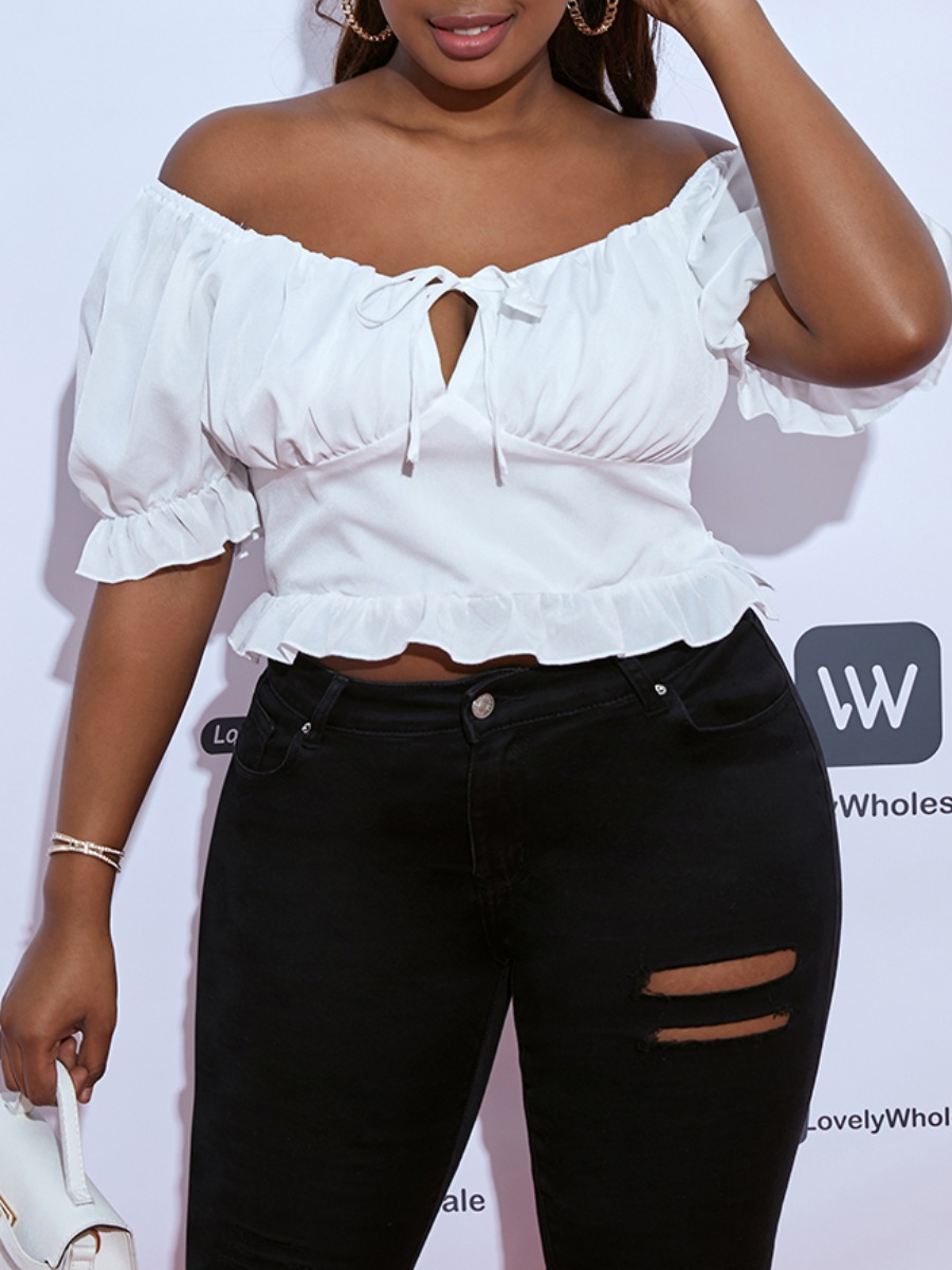 

Lovely Plus Size Sweet Off The Shoulder Flounce Design White Blouse