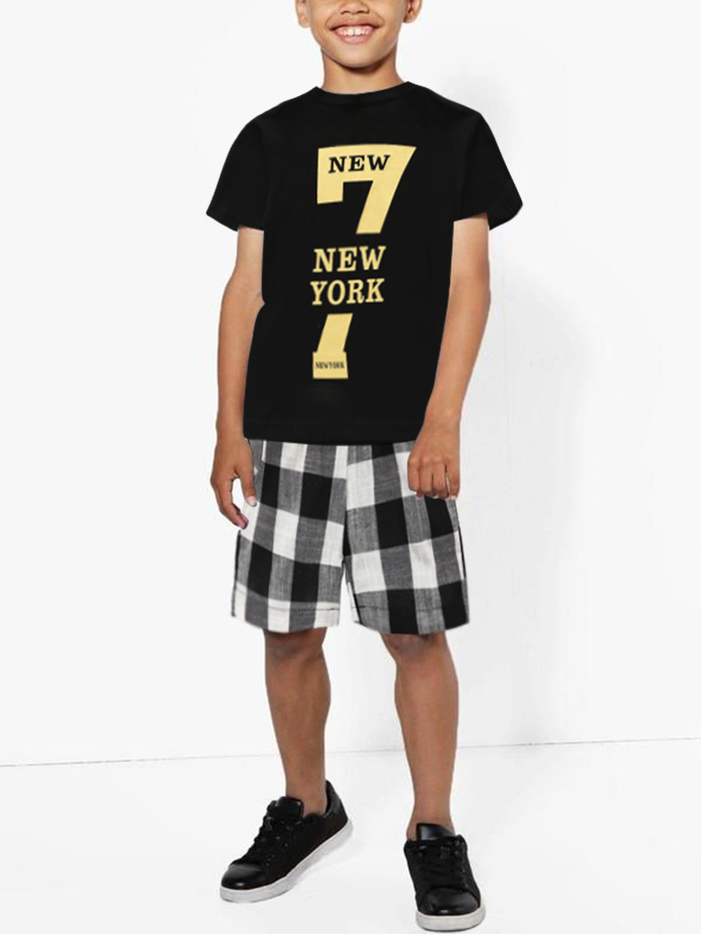 

Lovely Boy Letter Plaid Print Black Two Piece Shorts Set