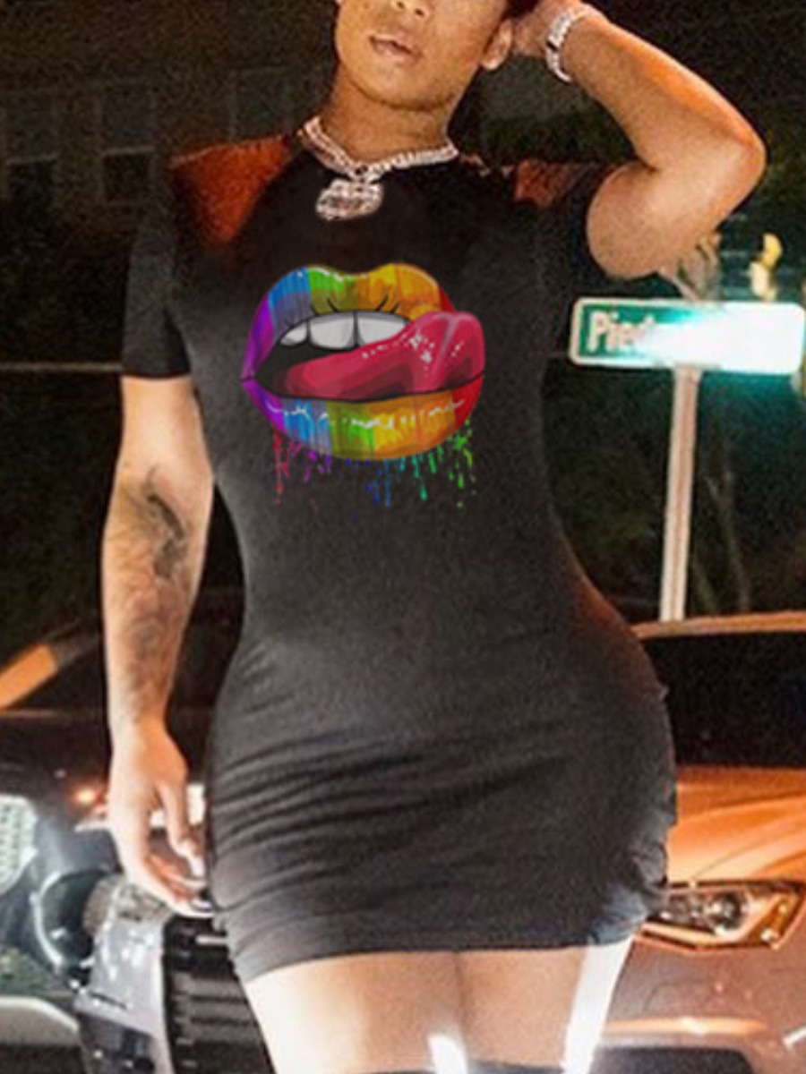 

Lovely Street O Neck Lip Print Black Mini Dress