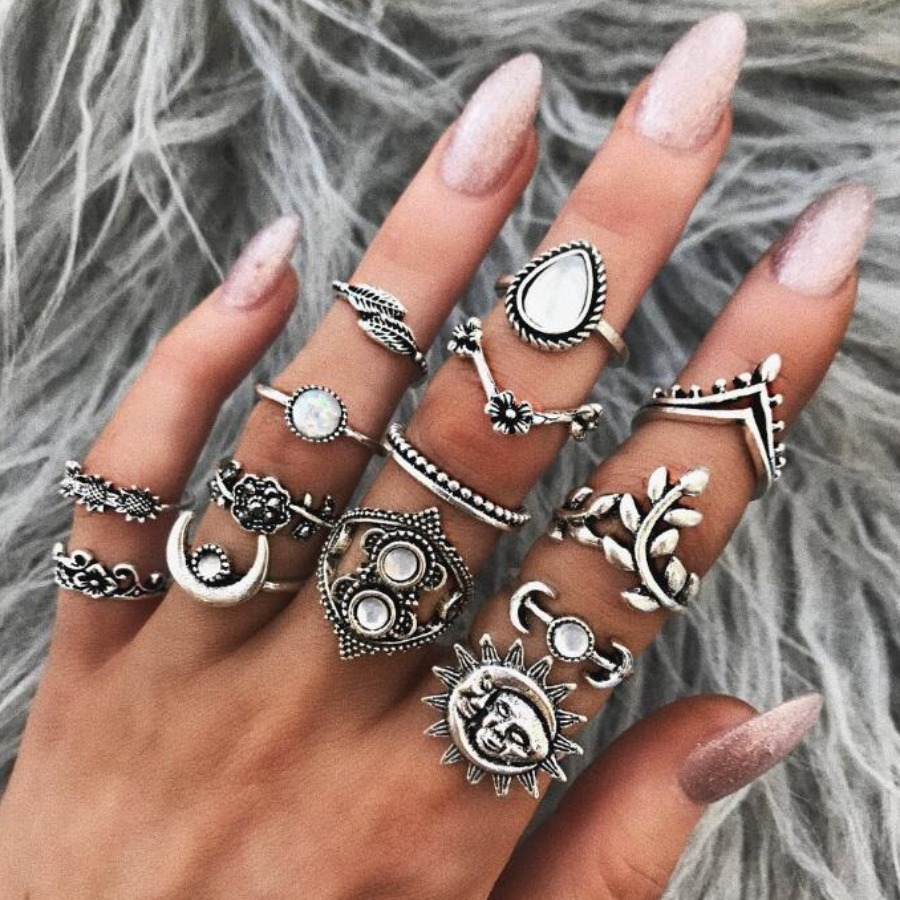 

Lovely Casual Leaf Moon Decoration Silver 14-piece Ring