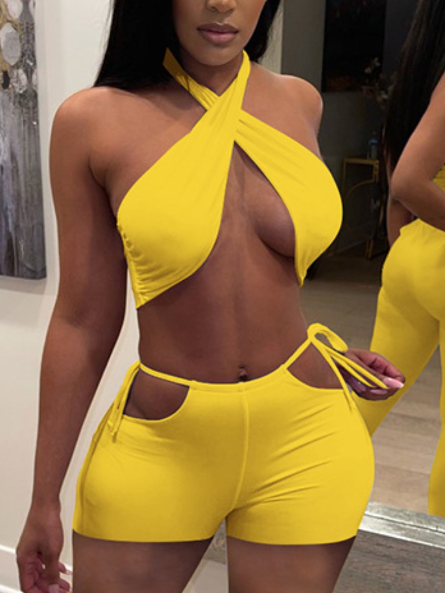 

LW SXY Criss Cross Bandage Hollow-out Design Yellow Two Piece Shorts Set