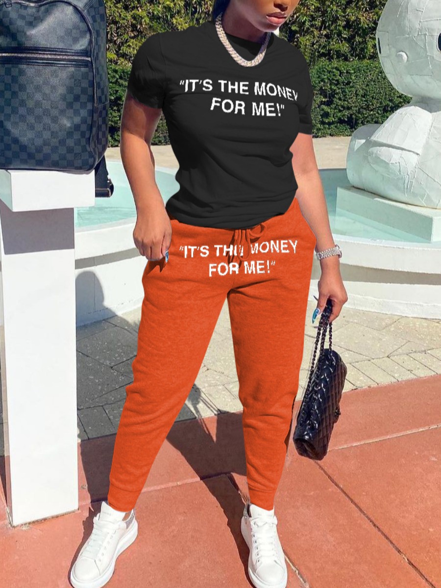 

Lovely Street Letter Print Drawstring Jacinth Two Piece Pants Set