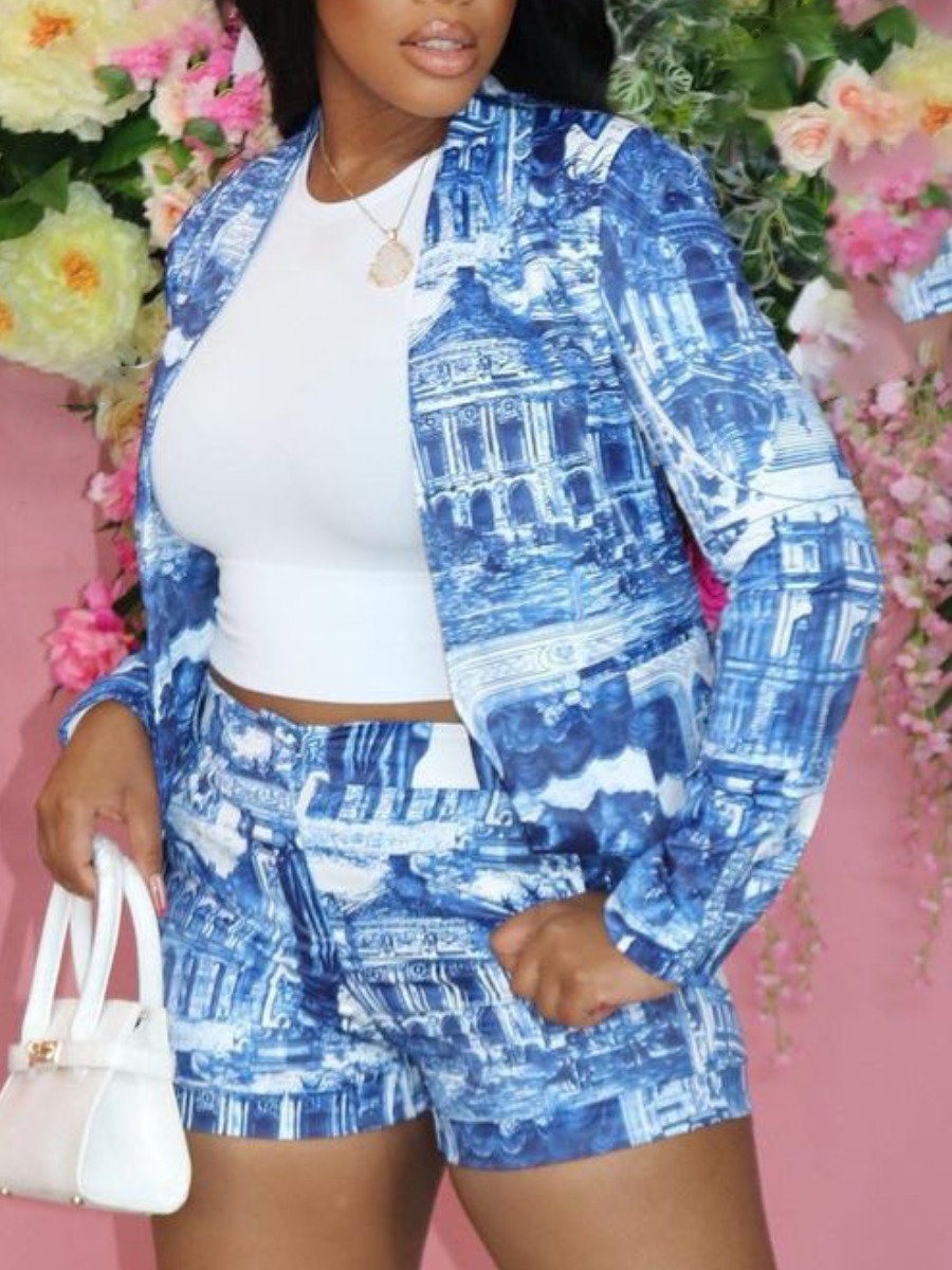 

LW Business Turndown Collar Print Patchwork Blue Two Piece Shorts Set