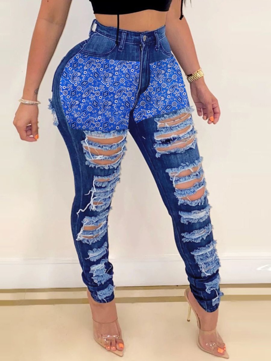 

Lovely Street Cashew Print Ripped Deep Blue Jeans