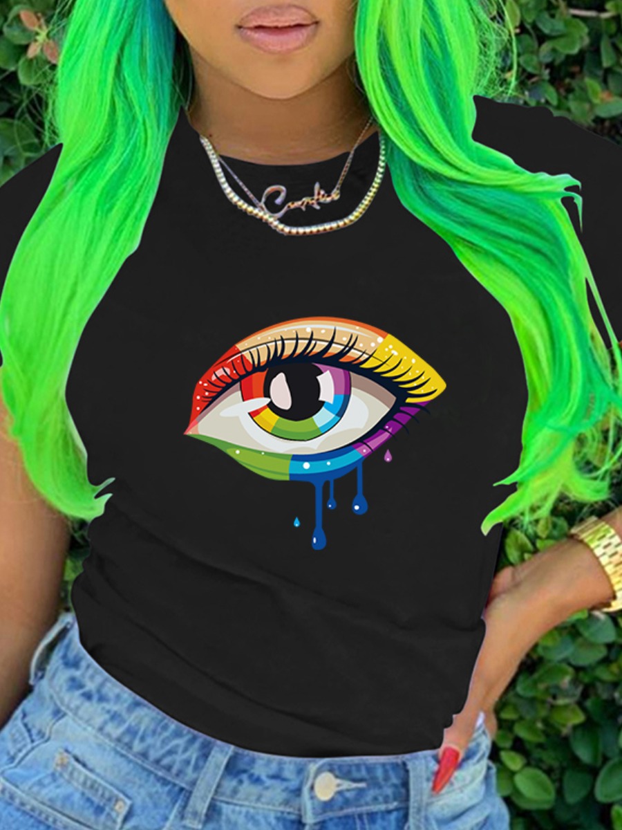 

Lovely Casual O Neck Eye Print Black T-shirt