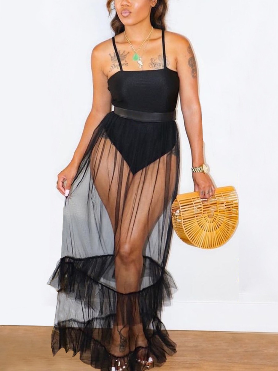 

Lovely Sexy See-through Ruffle Design Black Two Piece Skirt Set