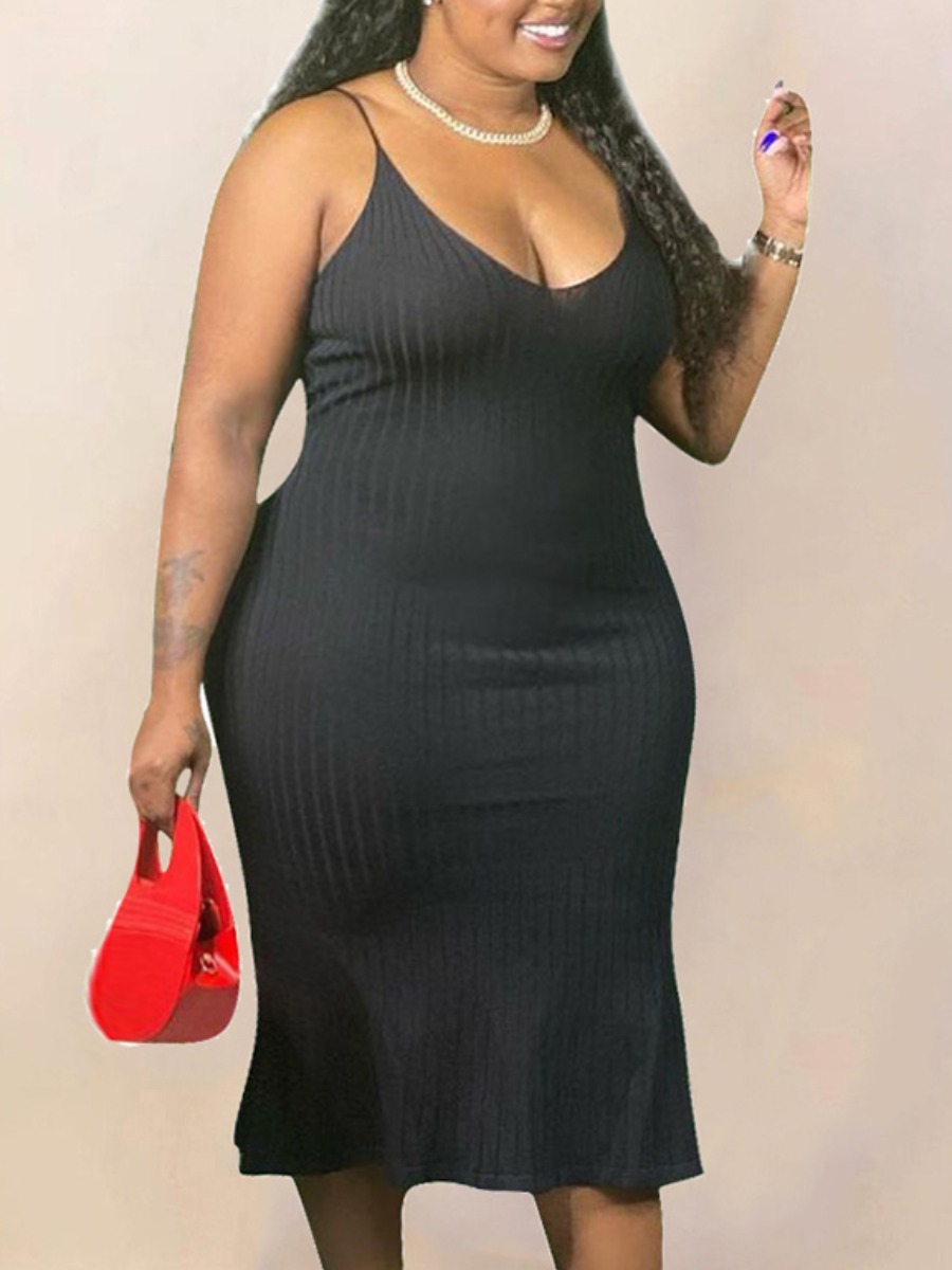 

Lovely Plus Size Casual Rib-Knit Flounce Design Black Mid Calf Dress