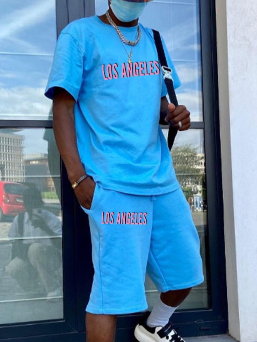 

Lovely Men Casual O Neck Letter Print Blue Two Piece Shorts Set