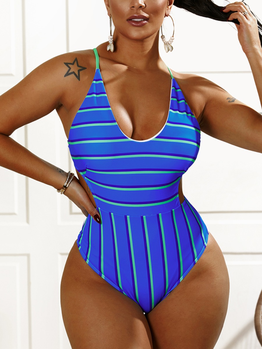 

Lovely Sweet Backless Striped Blue One-piece Swimsuit, Blue stripe