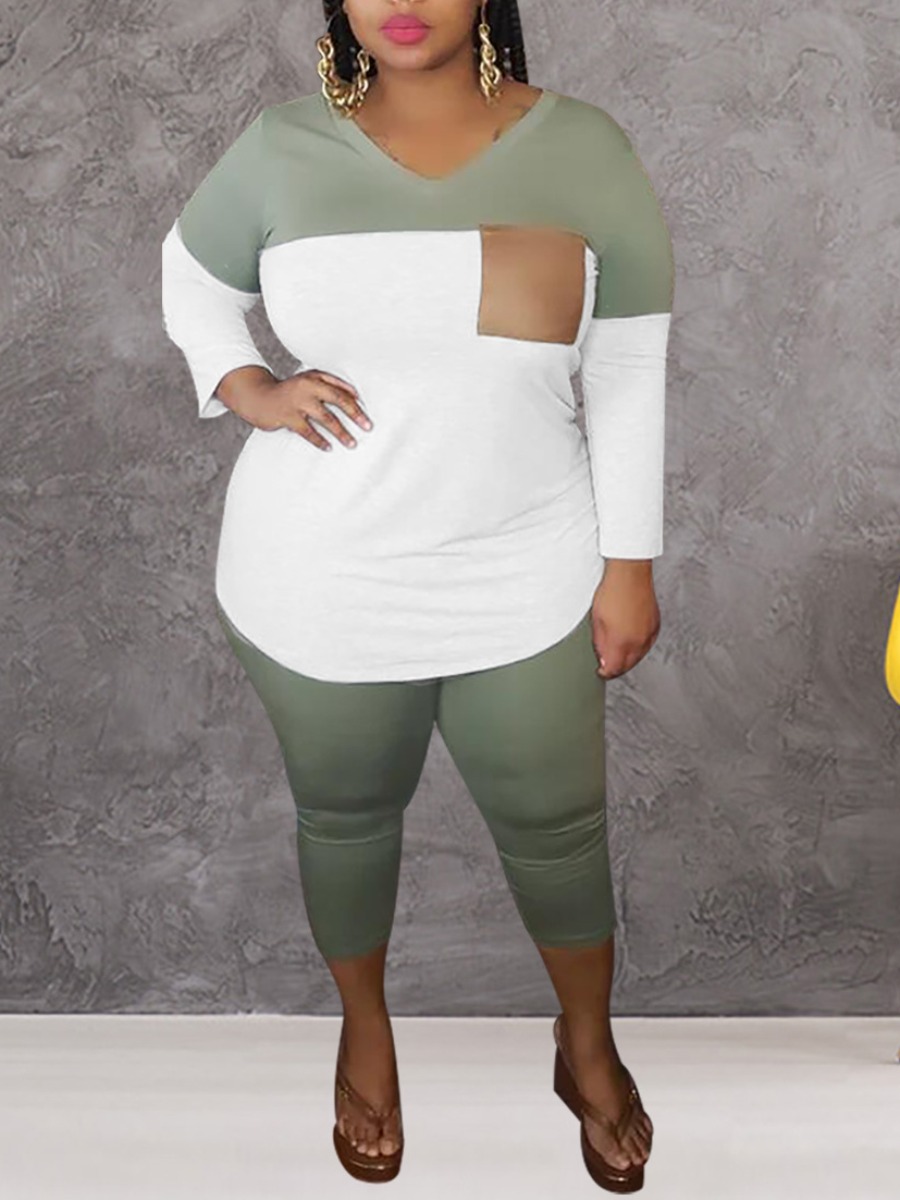 

Lovely Casual Color-lump Patchwork Light Green Plus Size Two-piece Pants Set