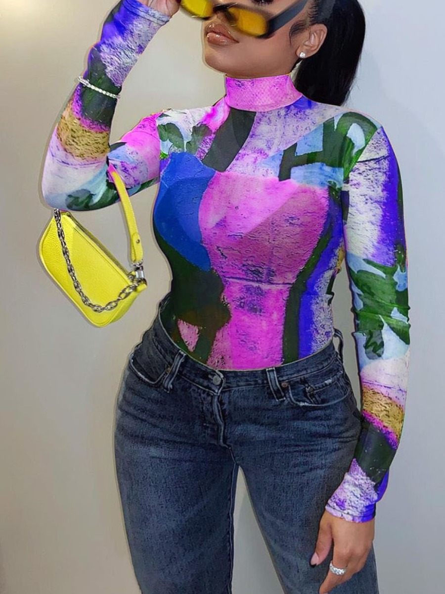

Lovely Street Turtleneck Print Purple Plus Size T-shirt