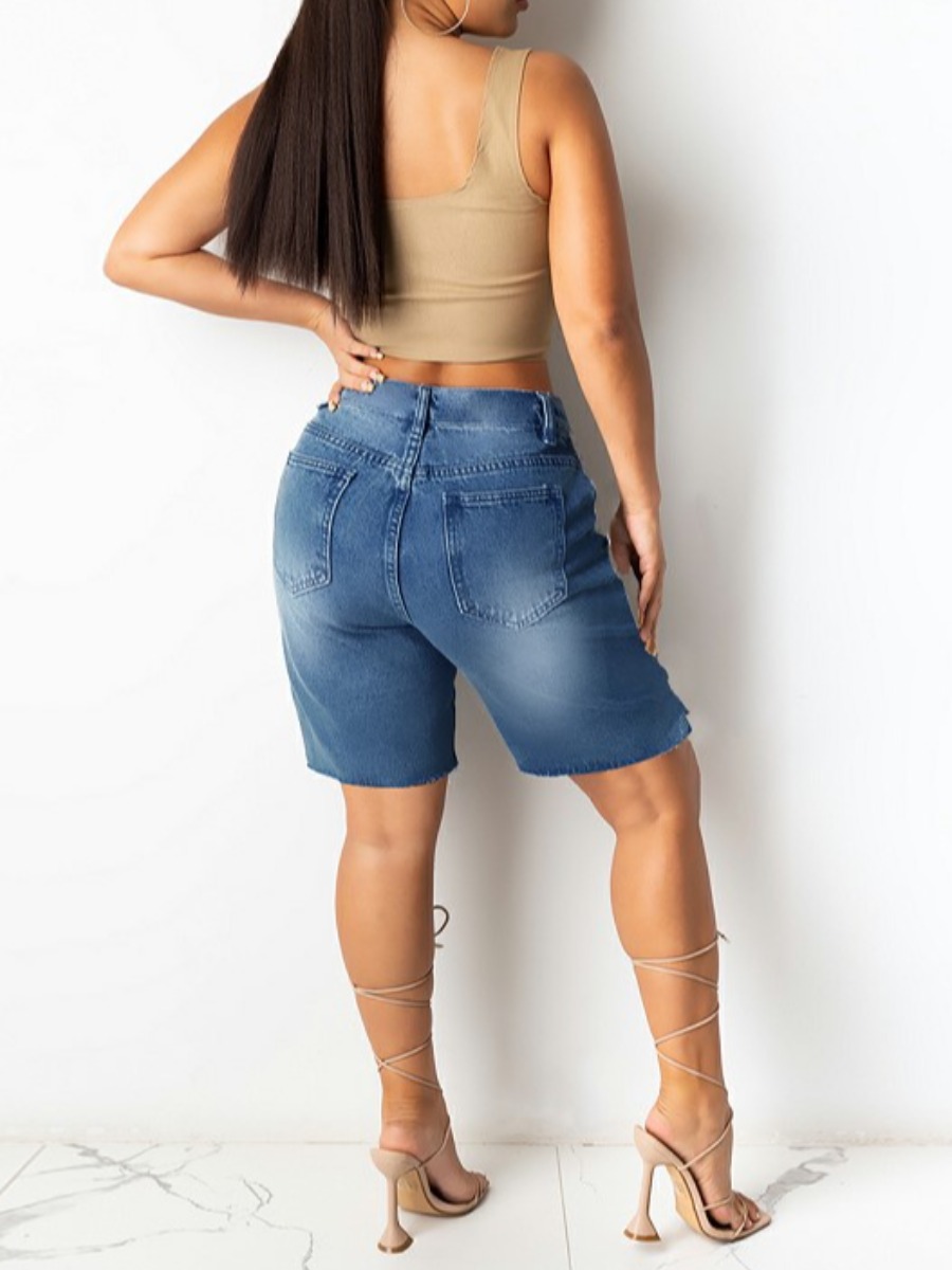 

Lovely Casual Bandage Hollow-out Design Raw Edge Blue Plus Size Denim Shorts