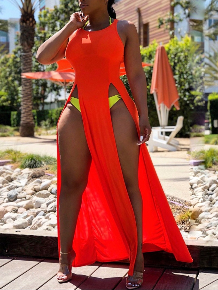 

Lovely Sexy O Neck High Split Red Floor Length Dress