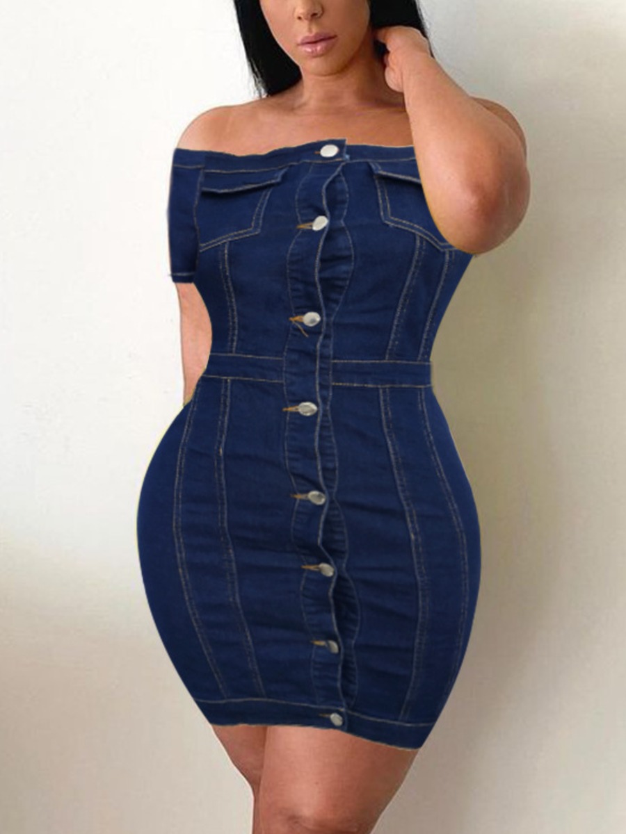 

Lovely Street Off The Shoulder Button Design Blue Knee Length Denim Dress