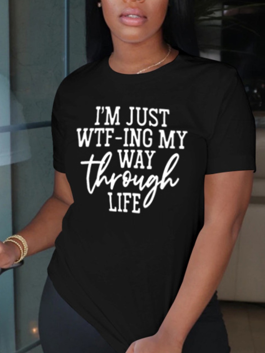 

LW Casual O Neck Letter Print Black T-shirt