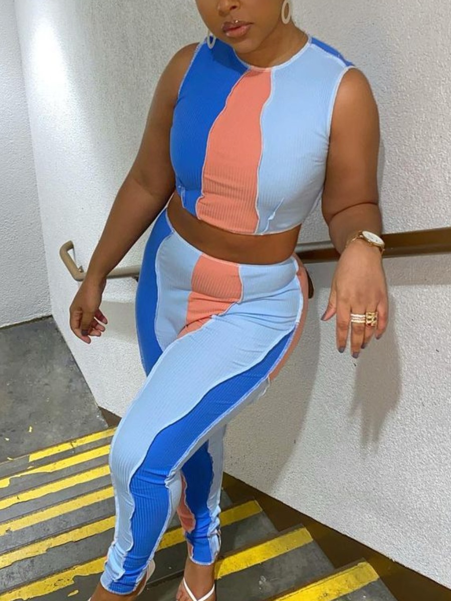 

Lovely Street O Neck Color-lump Blue Two Piece Pants Set