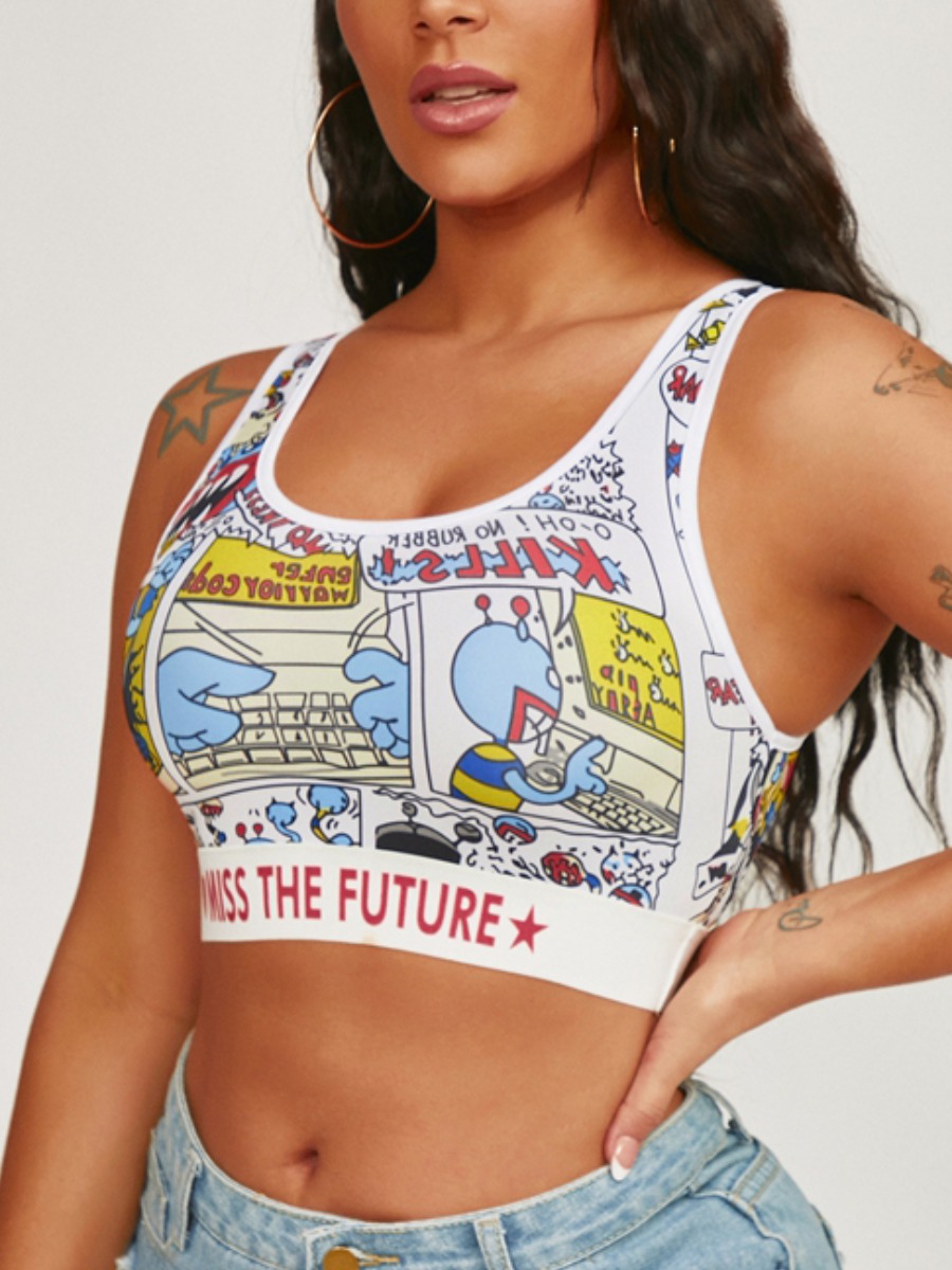 

Lovely Street Cartoon Letter Print White Camisole