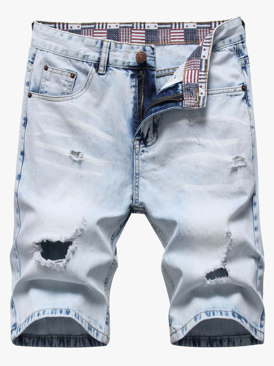 LW Men Casual American Flag Print Ripped Blue Denim Shorts (No Stretch)