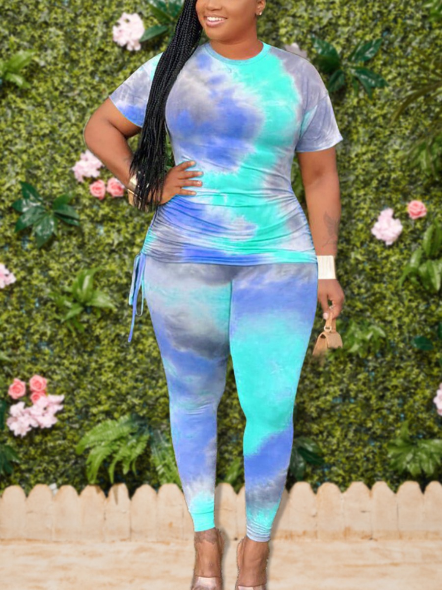

LW Plus Size Casual O Neck Tie-dye Blue Two-piece Pants Set