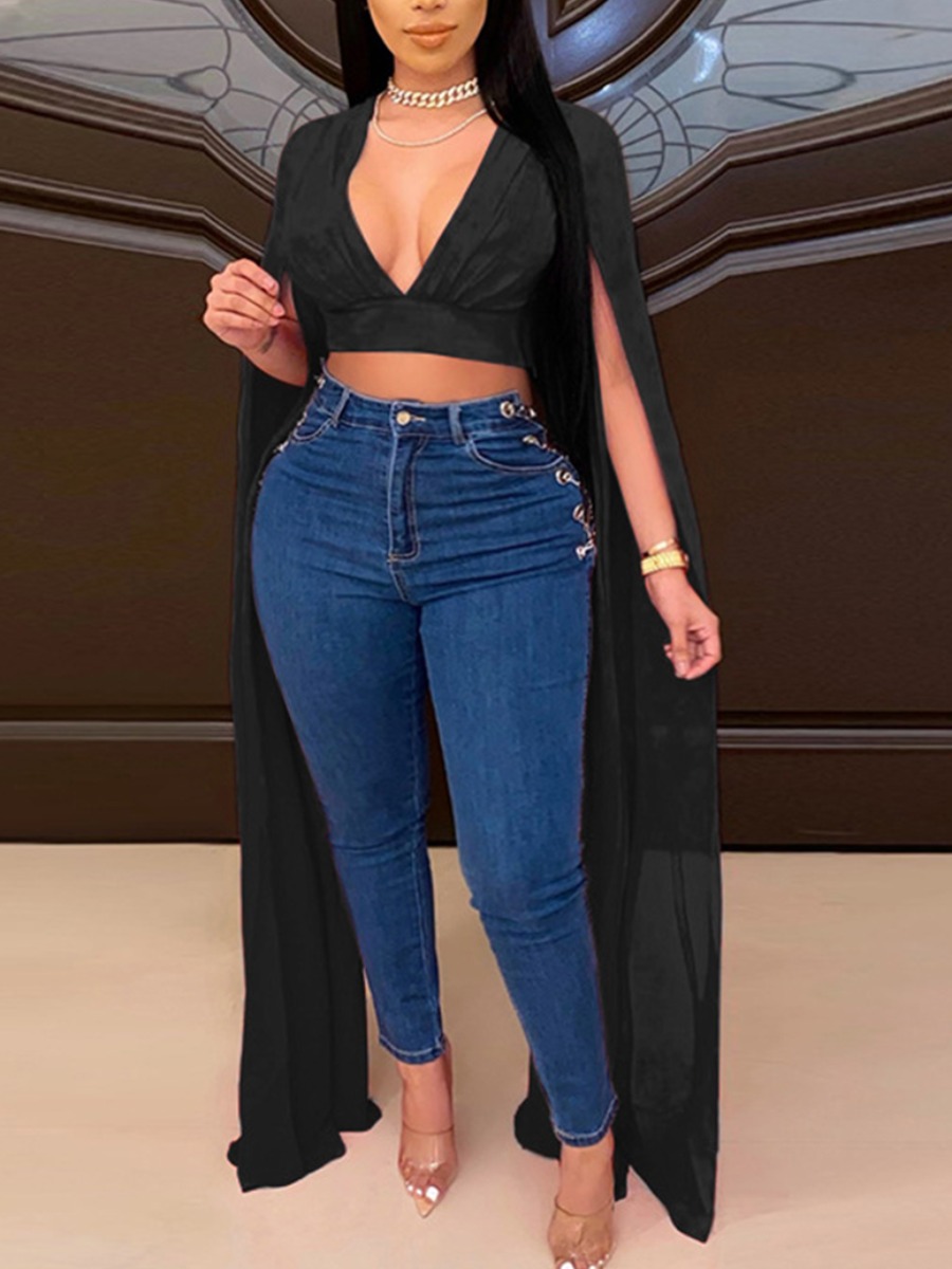 

Lovely Plus Size Sweet V Neck Split Sleeve Black T-shirt
