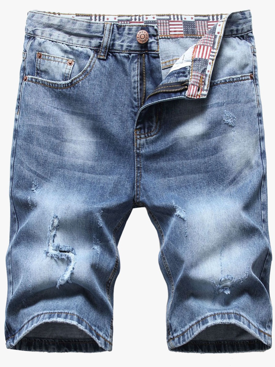 

Lovely Men Casual American Flag Print Ripped Blue Denim Shorts