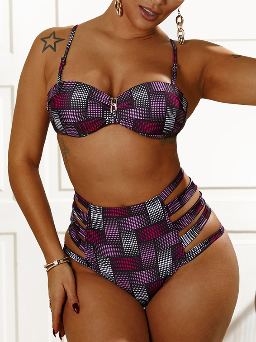 

Lovely Boho Plaid Print Hollow-out Purple Two-piece Swimsuit