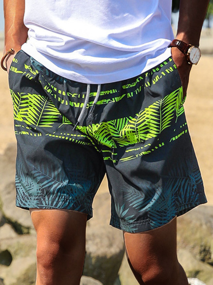 

Lovely Men Boho Floral Print Drawstring Green Shorts