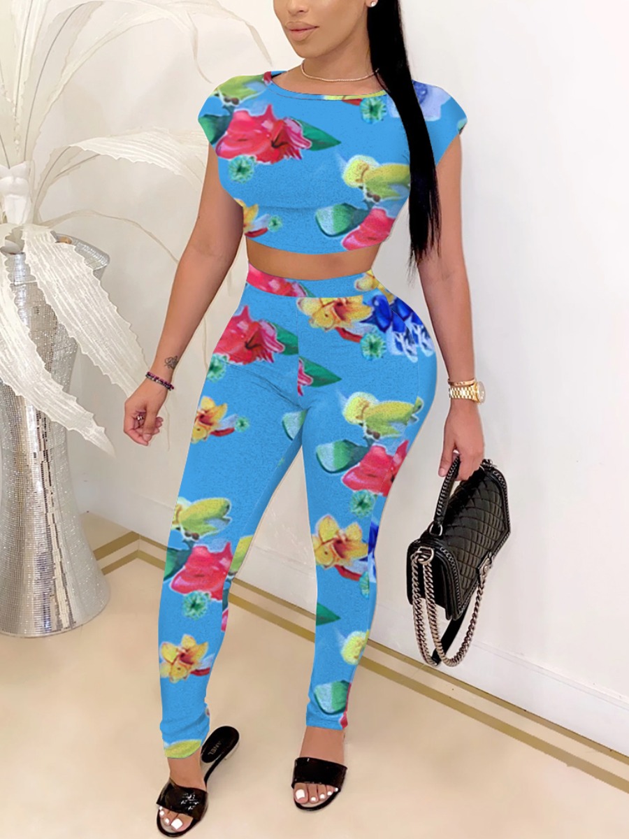 

LW Casual O Neck Floral Print Blue Two Piece Pants Set