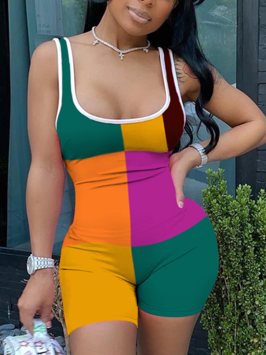 

LW Sporty U Neck Color-lump Multicolor One-piece Romper, Multicolor lattices