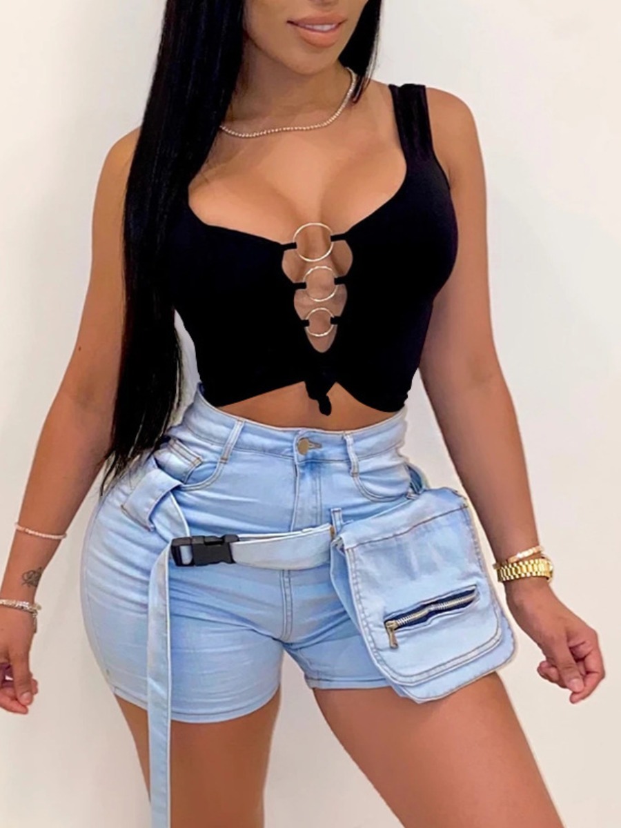 

LW SXY Street Metal Ring Decoration Hollow-out Black Camisole