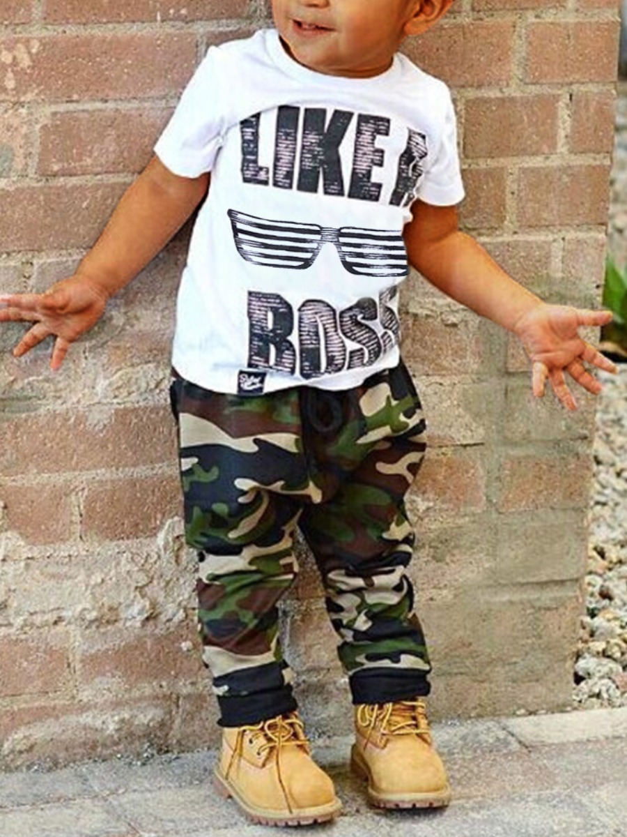 

Lovely Boy Casual Letter Camo Print White Two Piece Pants Set