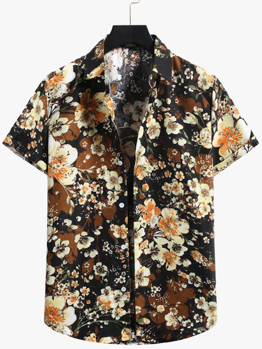

Lovely Men Street Floral Print Patchwork Black Shirt